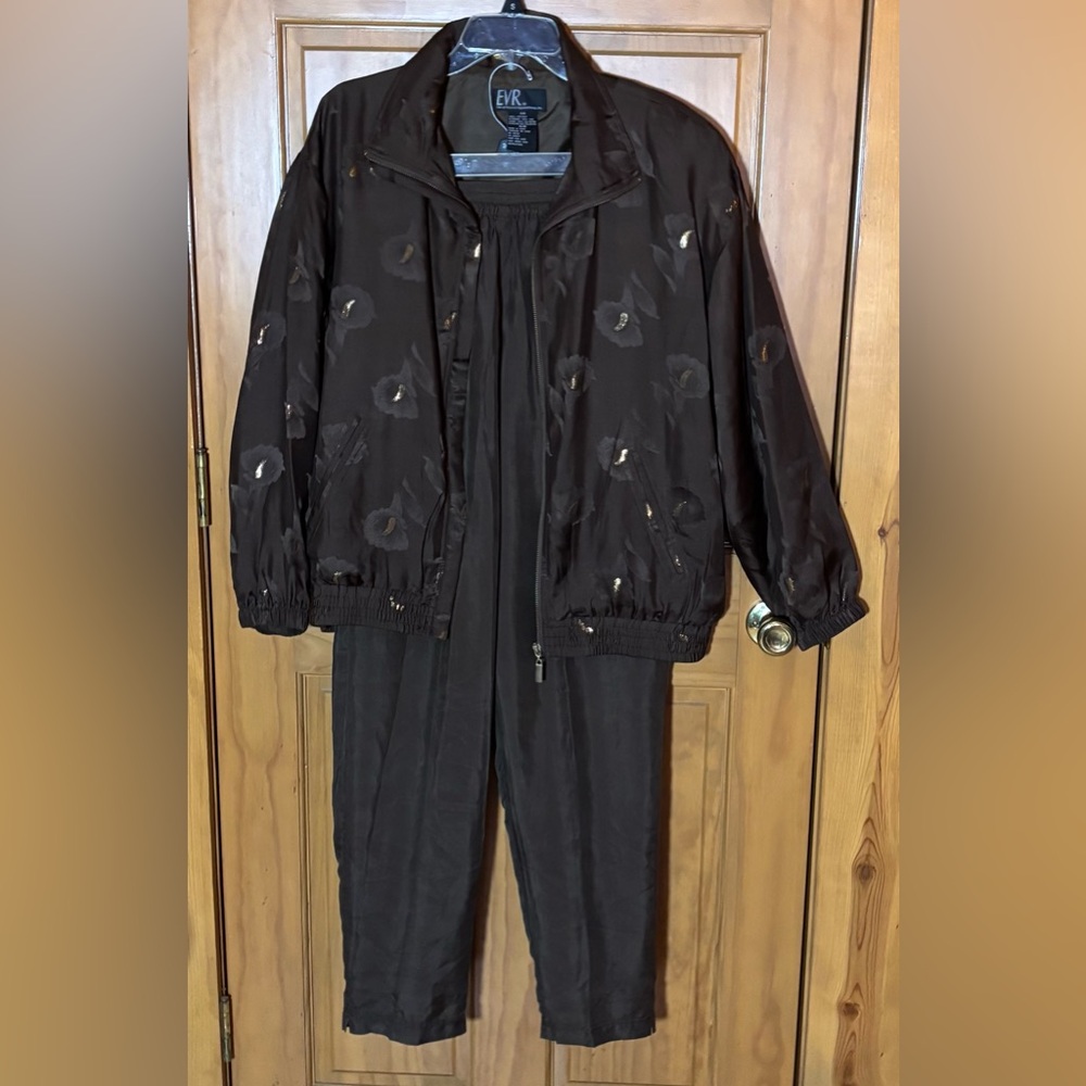 VTG EVR DIV ROUSSO APPAREL GROUP 100% Silk Jacket & Pant Set Brown Gold Sz Med